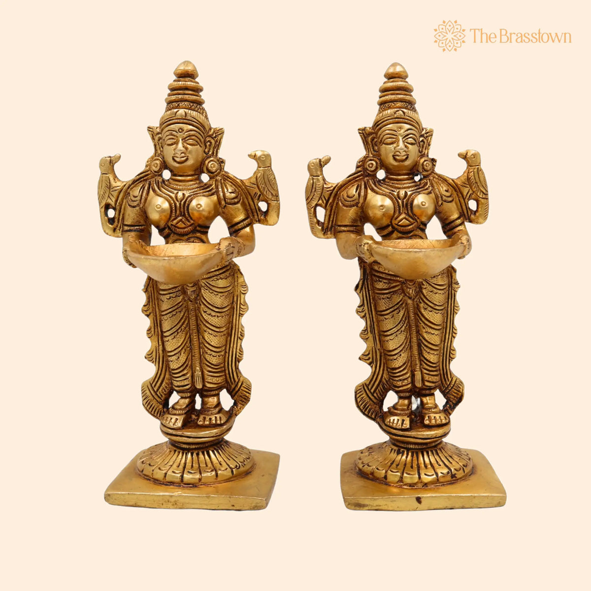 Brass Deep Lakshmi Idol – Handcrafted Standing Lakshmi with Lamps, Deeplakshmi Diya Lady Statue, Deepa Laxmi Figurine for Pooja and Décor 6 Inch 1