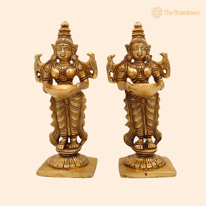 Brass Deep Lakshmi Idol – Handcrafted Standing Lakshmi with Lamps, Deeplakshmi Diya Lady Statue, Deepa Laxmi Figurine for Pooja and Décor 6 Inch 1