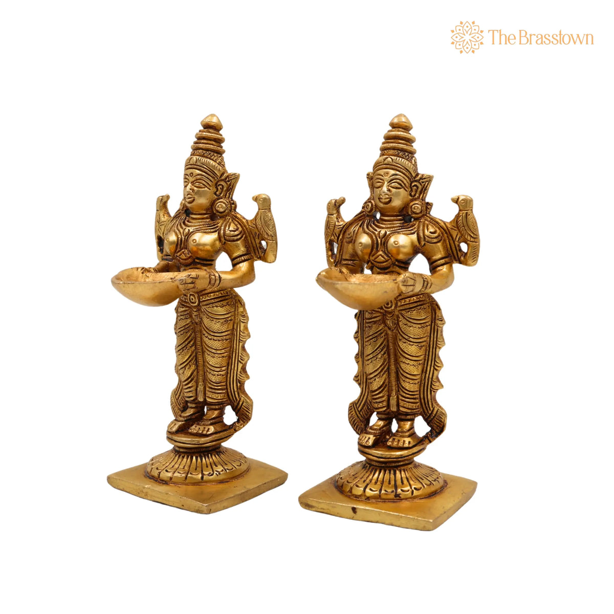 Brass Deep Lakshmi Idol – Handcrafted Standing Lakshmi with Lamps, Deeplakshmi Diya Lady Statue, Deepa Laxmi Figurine for Pooja and Décor 6 Inch 2