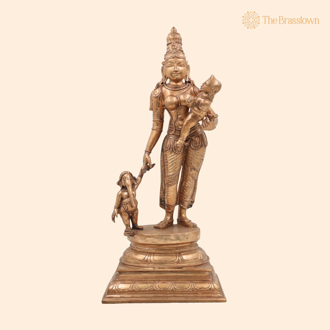 Panchaloha Parvati Ganesha Kartikeya Idol – Handmade Bronze Gauri with Vinayaka and Murugan Sculpture for Home Temple 15.5 Inch 1