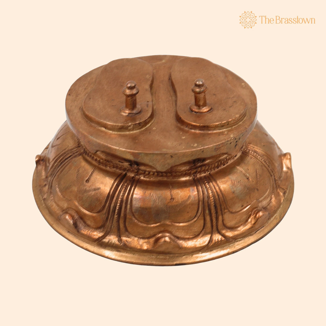 Bronze Handmade Charan Paduka on Mukut – Panchaloha Khadau Padam Idol for Guru Paduka, Vishnu, Rama, Krishna, Tulsi 3 Inch 1