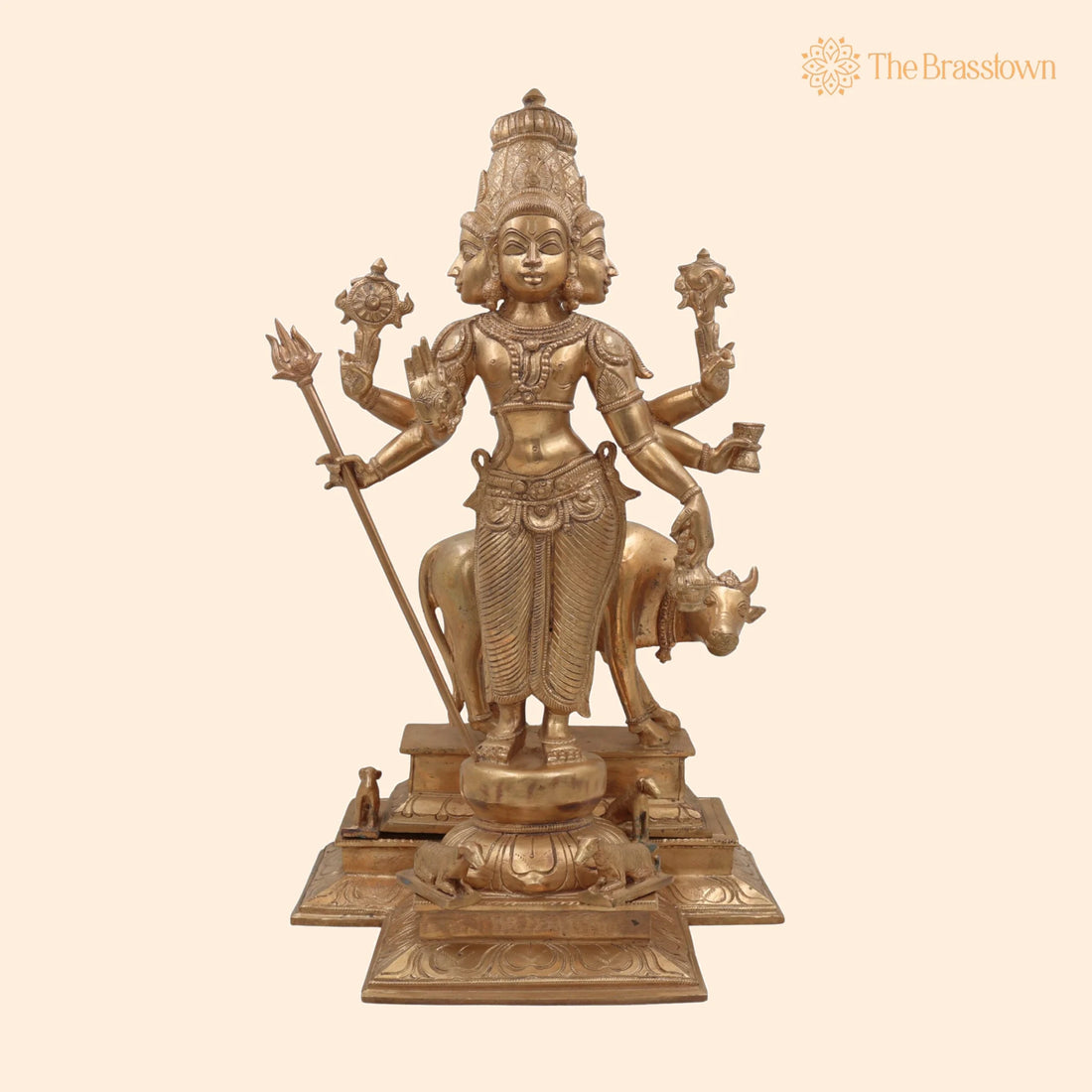 Handmade Bronze Panchaloha Dattatreya Idol – Chola Art Lord Datta, Sri Datta Guru, Trimurti Datta, Dattaguru Temple Sculpture 19 Inch 1