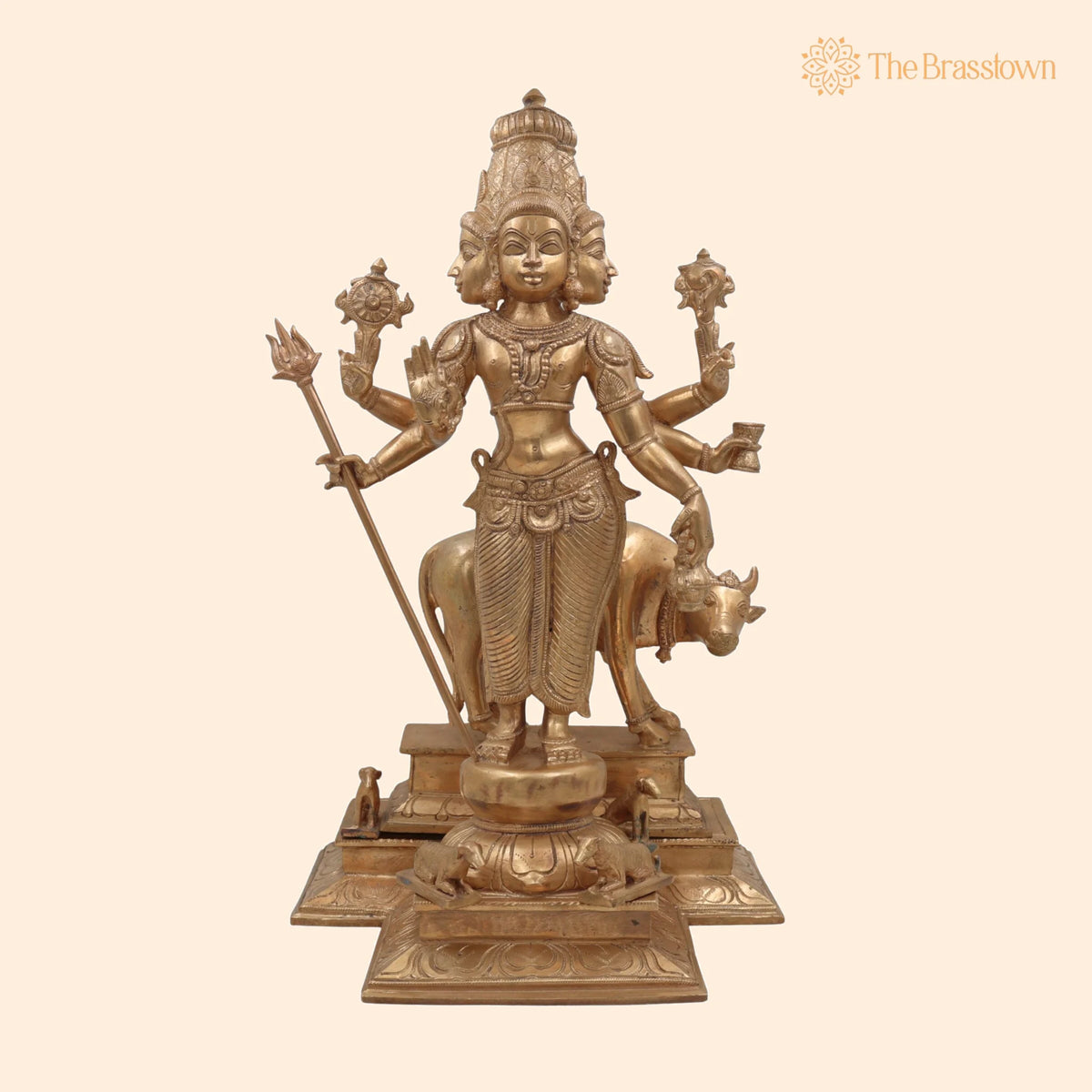 Handmade Bronze Panchaloha Dattatreya Idol – Chola Art Lord Datta, Sri Datta Guru, Trimurti Datta, Dattaguru Temple Sculpture 19 Inch 1