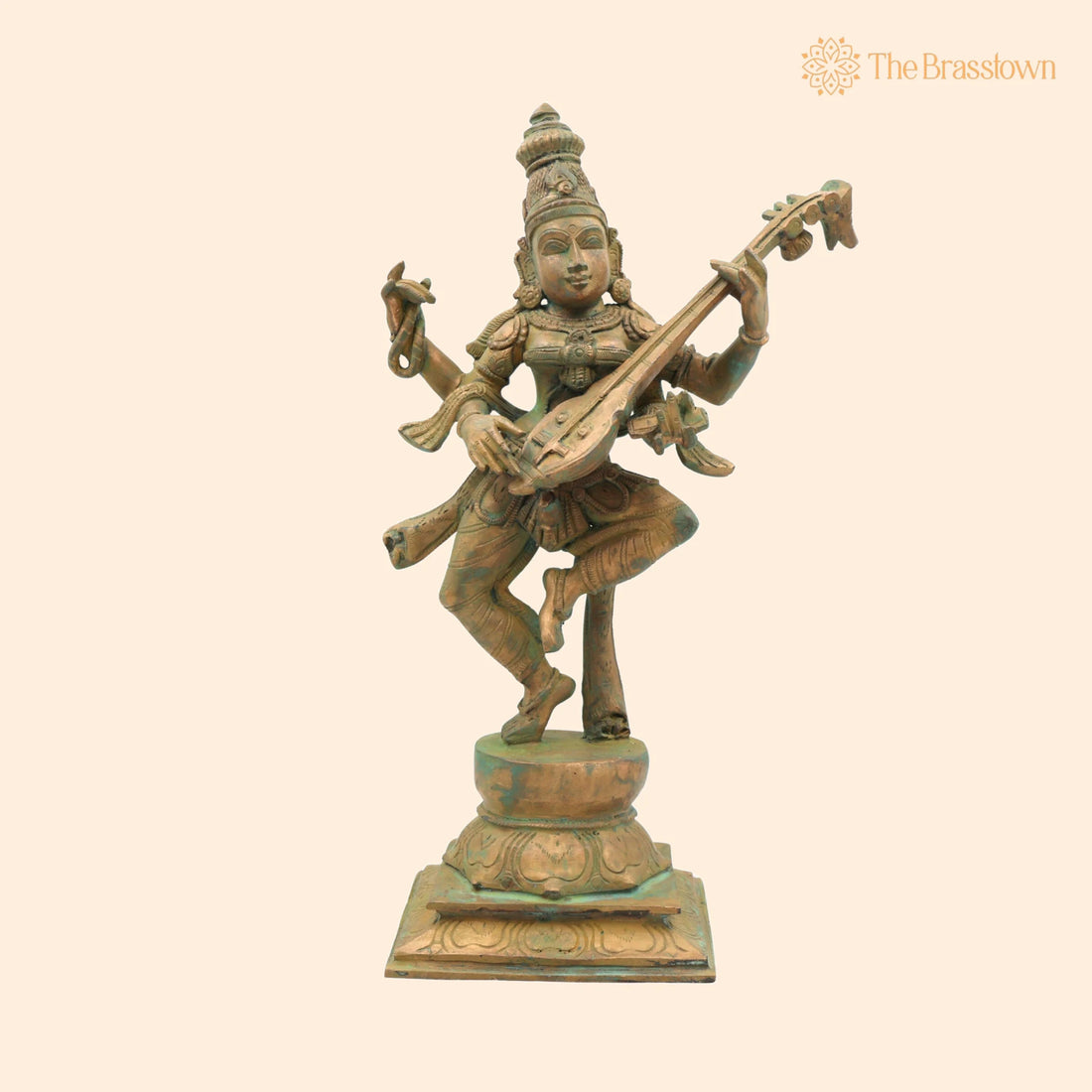 Handcrafted Bronze Panchaloha Saraswati Idol – Sharada, Veena Pustak Dharini, Vagdevi, Hamsavahini for Puja, Home Mandir &amp; Décor 13.5 Inch 1