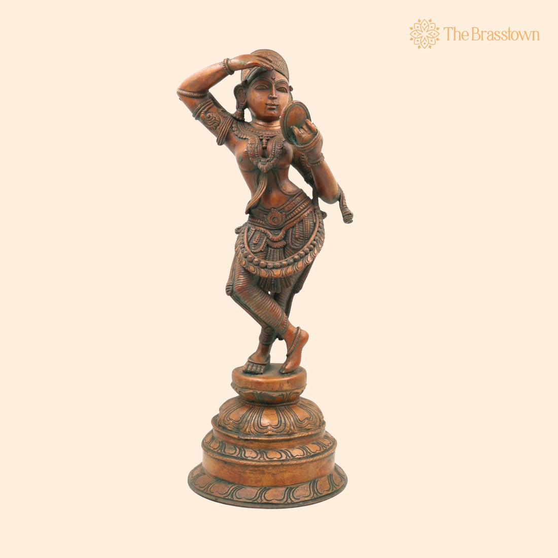 Handmade Bronze Apsara Idol Holding Mirror – Panchaloha Chola Art Sculpture, Celestial Nymph Statue for Puja, Home Mandir &amp; Décor 17.5 Inch 1