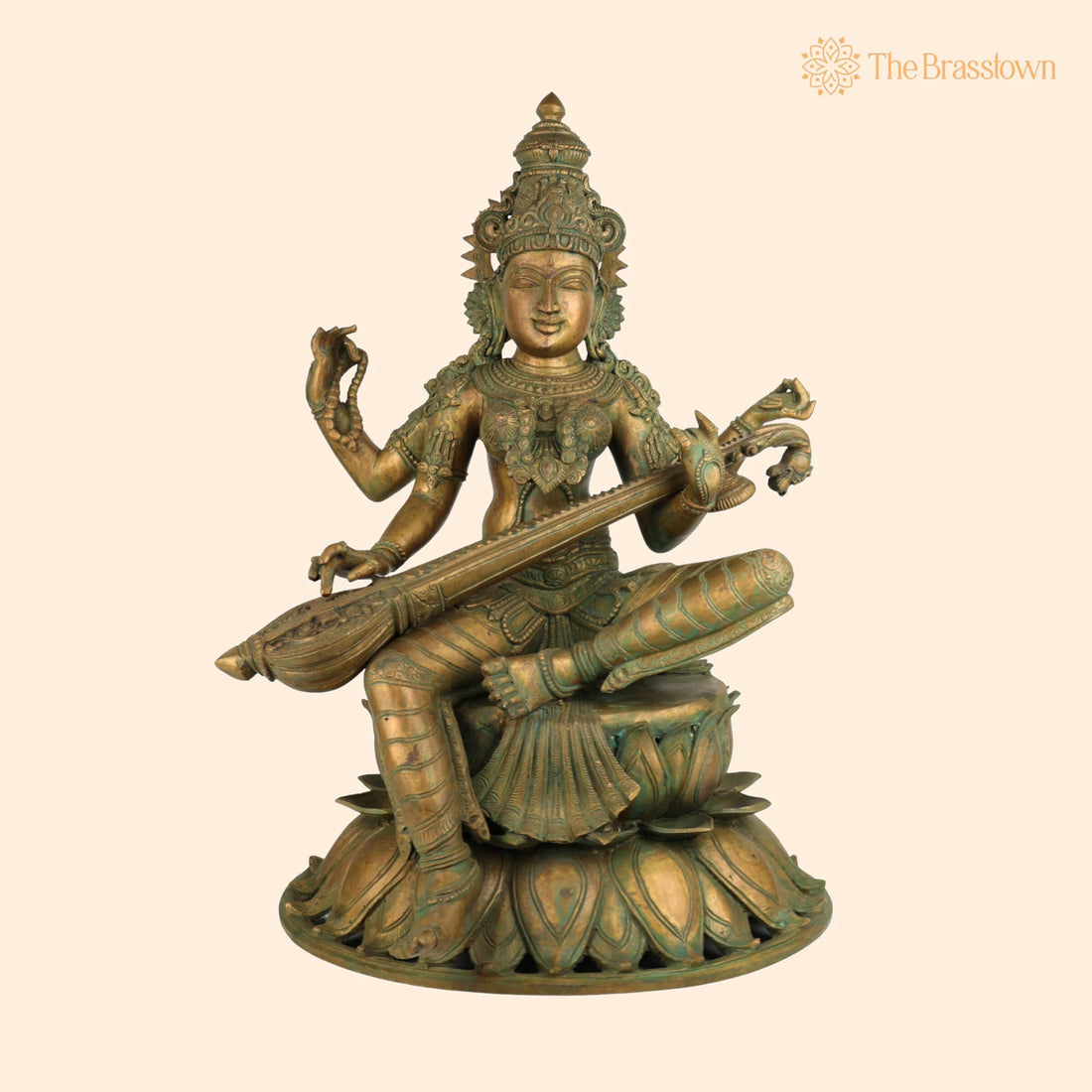 Handmade Bronze Panchaloha Saraswati Idol – Sharada, Veena, Pustaka-Dharini, Vidyadayini Goddess of Knowledge, Wisdom 25 Inch 1