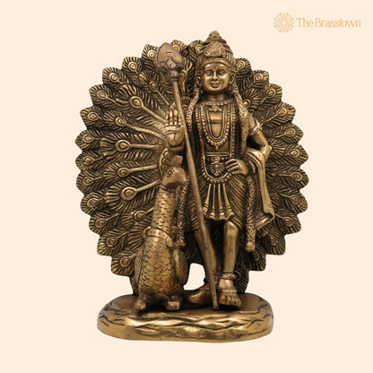 Handcrafted Brass Murugan with Peacock Idol for Puja, Home Mandir &amp; Décor 9 Inch 1