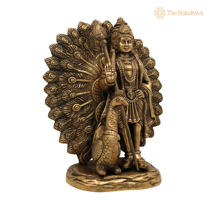 Handcrafted Brass Murugan with Peacock Idol for Puja, Home Mandir &amp; Décor 9 Inch 2