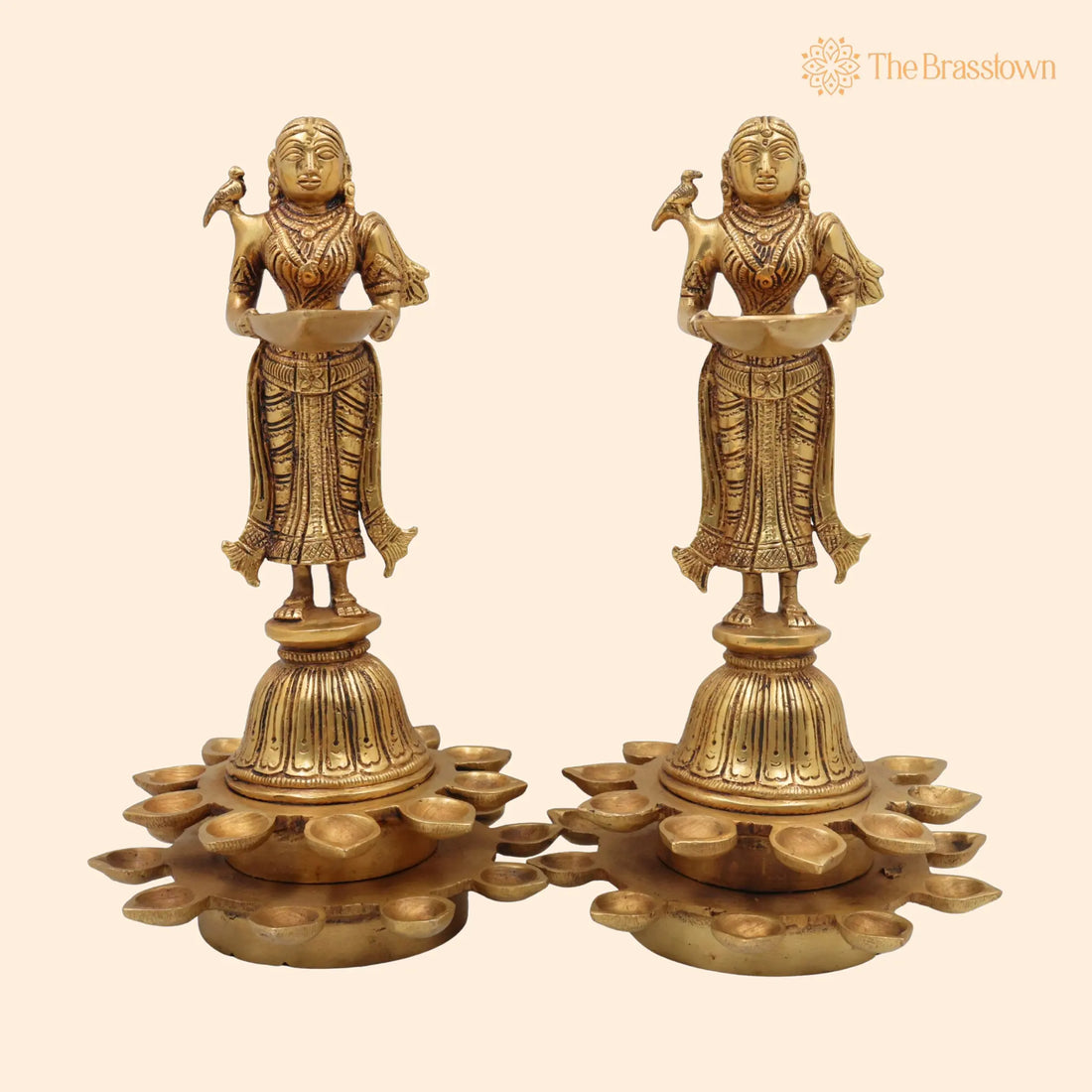 Brass Diya Lady Deepalakshmi Idol – Handcrafted Deepa Lakshmi Statue, Kuthu Vilakku Lady, Pital Deepam Lakshmi Set Of 2 11 Inch 1