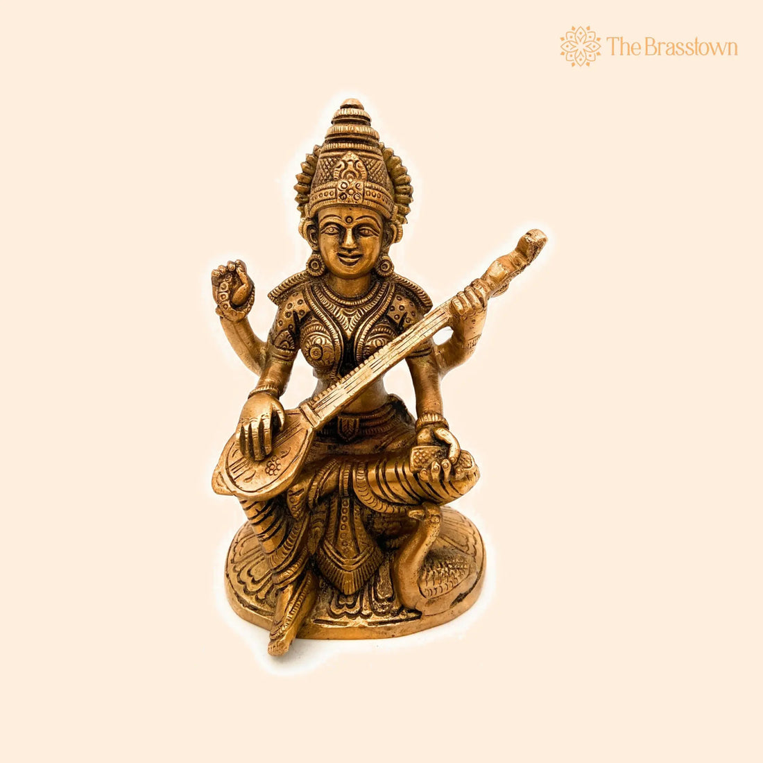 Brass Saraswati Idol – Handcrafted Maa Saraswati Murti, Sharada Vagdevi Pratima, Veena Dhari Moorti for Puja &amp; Home Décor 7 Inch 1