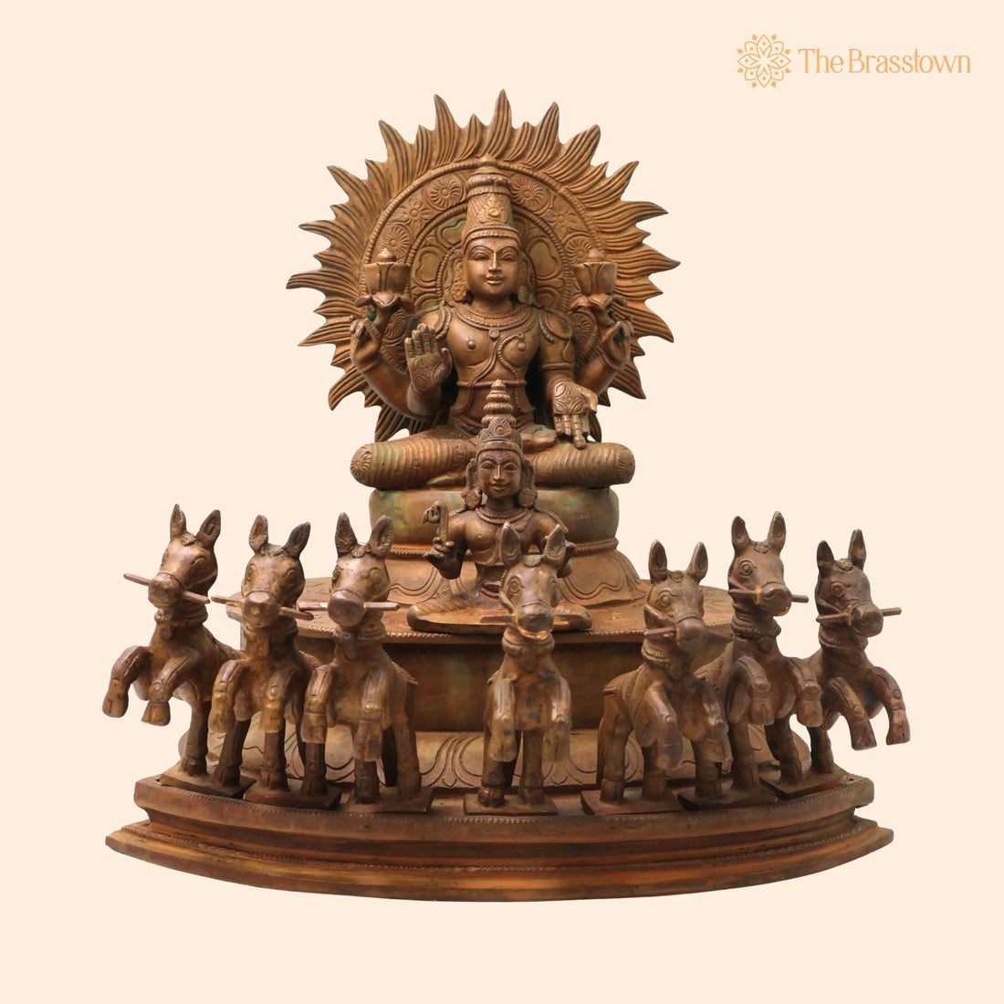 Bronze Surya Dev Rath Idol with Seven Horses – Handcrafted Panchaloha, Ashtadhatu Surya Bhagwan Chariot Sculpture for Temple 13.5 Inch 1