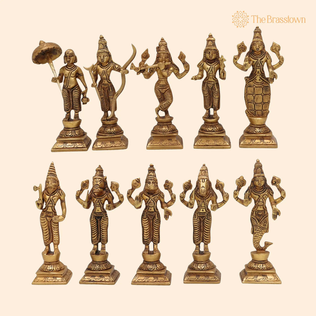 Premium Brass Vishnu Dashavatara Idol Set – Handcrafted Ten Avatars Murti of Vishnu (Matsya, Kurma, Vamana, Parashurama, Balarama 6 Inch 1