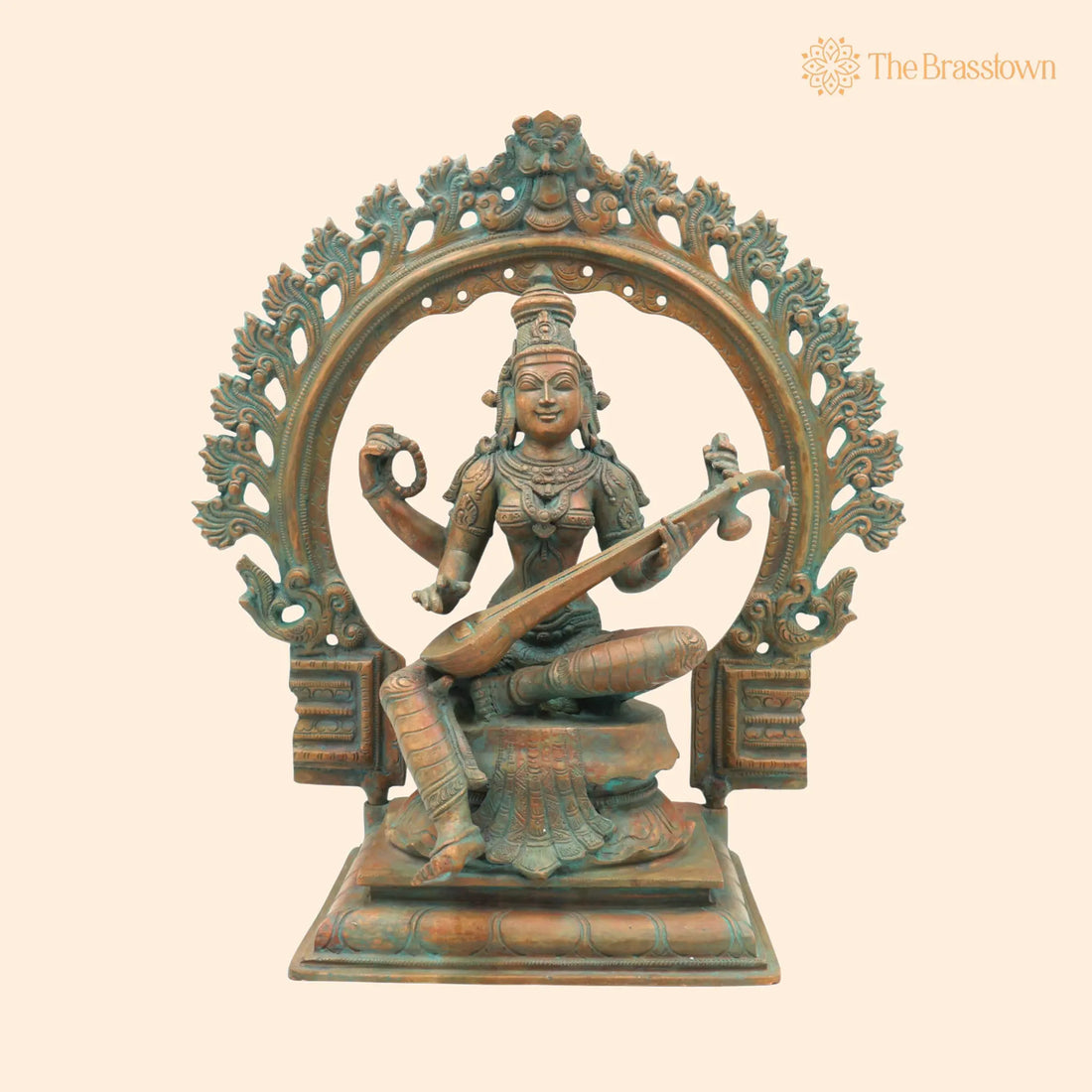 Handcrafted Panchaloha Goddess Saraswati Idol – Vani, Bharati, Vagdevi Bronze Murti for Puja, Temple &amp; Home Décor 13.5 Inch 1