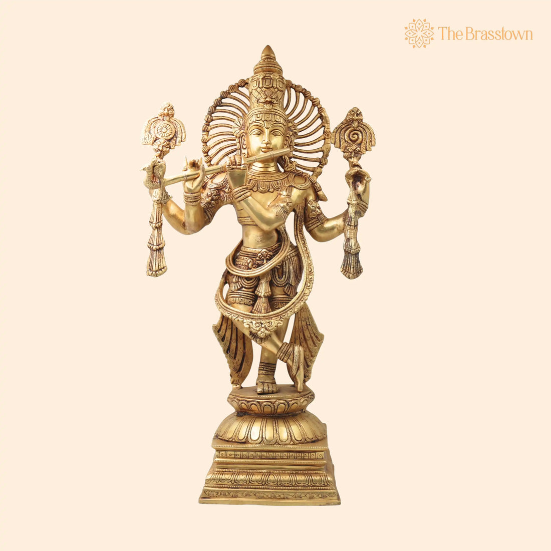 Brass Krishna Idol in Tribhangi Mudra – Handcrafted Gopal, Govinda, Balakrishna Murti for Pooja, Home Décor, Gifts &amp; Temple Sculpture 24 Inch 1