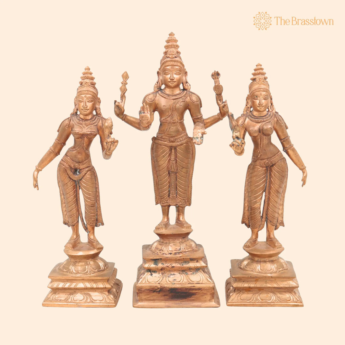 Handcrafted Panchaloha Murugan with Valli and Devasena Idol – Bronze Subramanya Skanda Kumara Swamy Statue in Chola Art Style 9 Inch 1