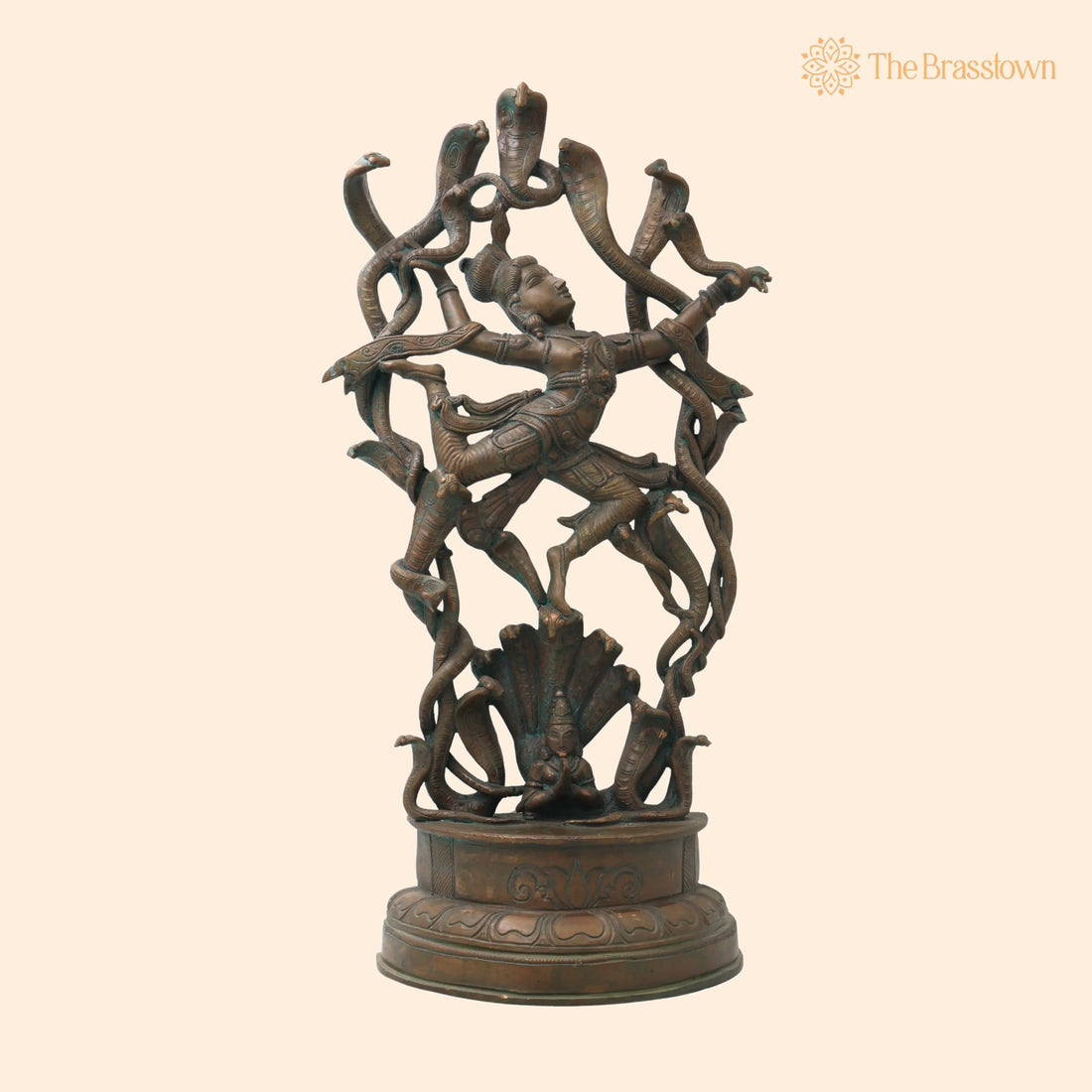 Handcrafted Panchaloha Krishna with Kaliya Idol – Kaliya Mardan Bronze Murti, Chola Art, South India Temple Sculpture 18 Inch 1