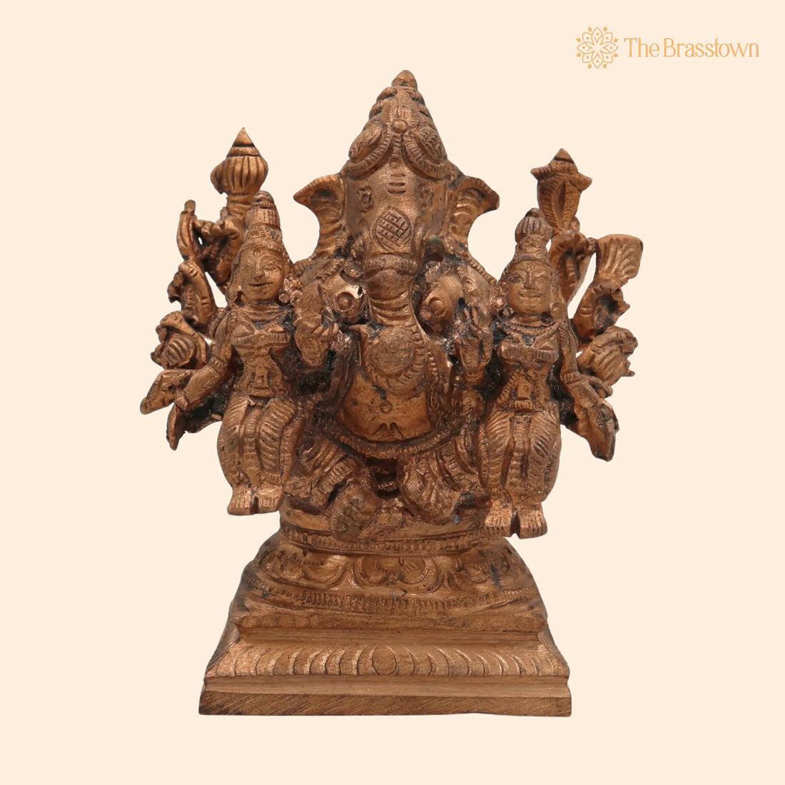 Handmade Riddhi Siddhi Ganapati Idol in Panchaloha Bronze – Ganesha with Consorts, Vinayaka, Ganapati, Vighneshvara 3.5 Inch 1
