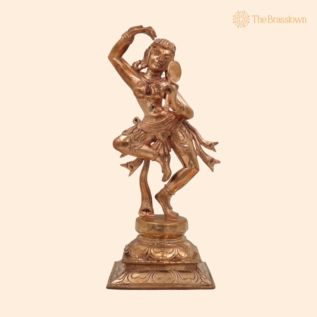 Handcrafted Bronze Panchaloha Apsara Holding Mirror Idol – Traditional Indian Temple Sculpture, Vintage Hindu Goddess Figurine 12.5 Inch 1