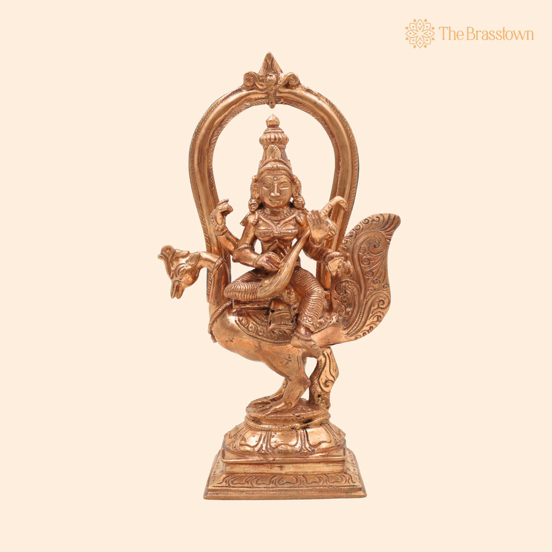 Elegant Handmade Bronze Panchaloha Saraswati Idol – Sitting on Peacock with Veena, Goddess of Knowledge for Puja, Home Mandir &amp; Décor 8.5 Inch 1