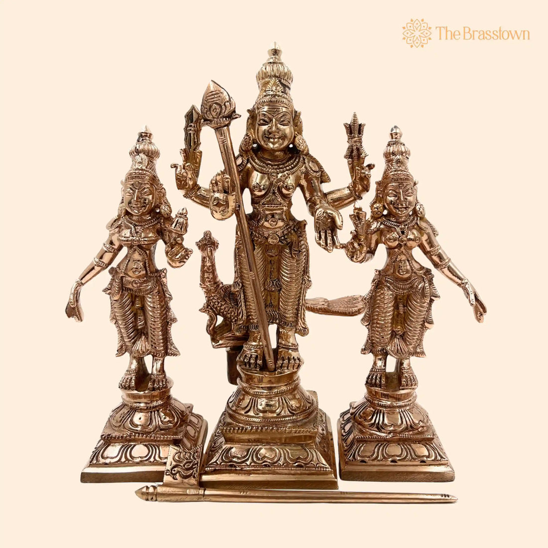 Handcrafted Bronze Murugan Idol with Valli and Devasena – Panchaloha Subramanya Kumara Swamy Skanda Sculpture 7 Inch 1