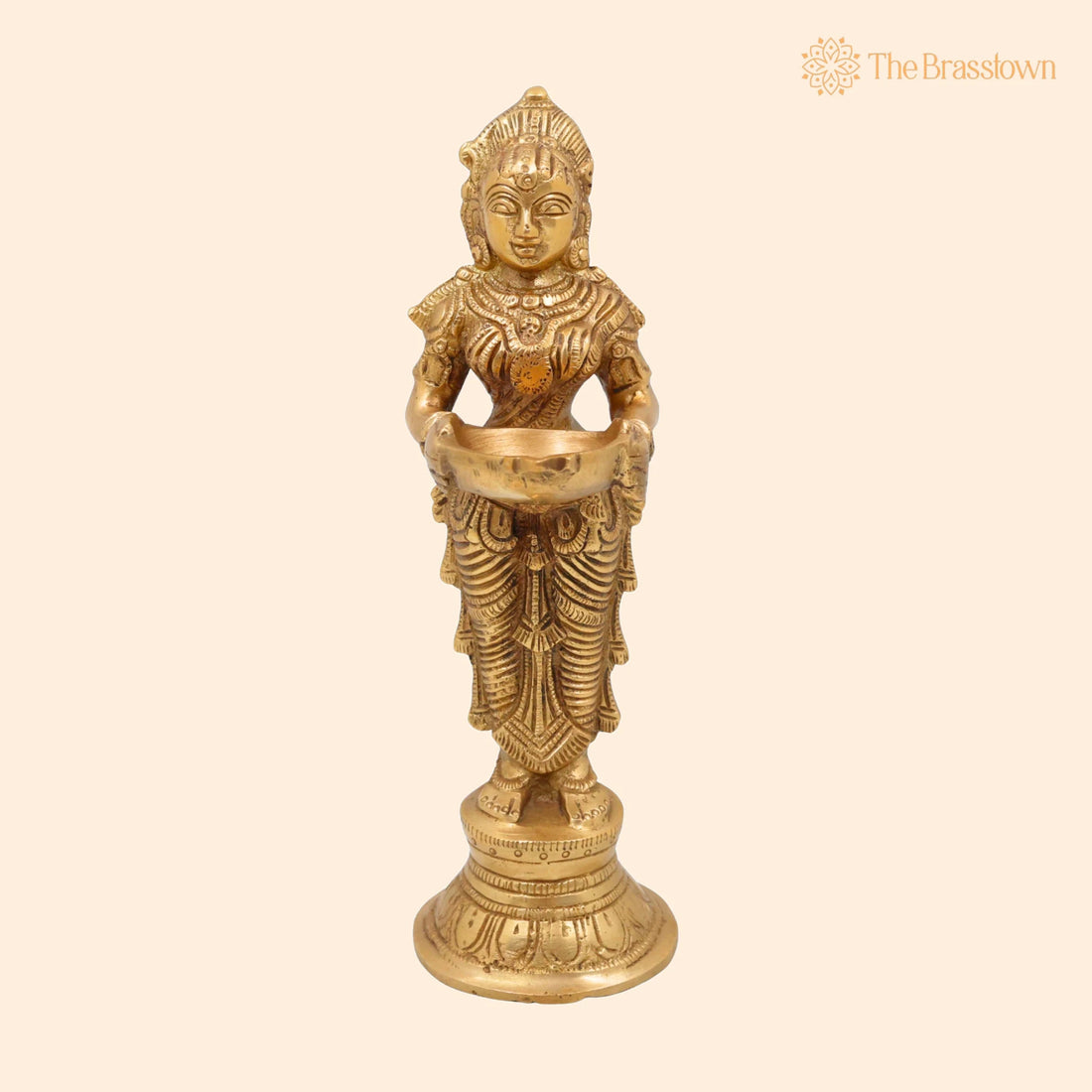 Handmade Brass Diya Lady – Deep Lakshmi Sculpture, Lamp Figurine, Peetal/Pittal Indian Art for Home &amp; Temple Décor 9 Inch 1