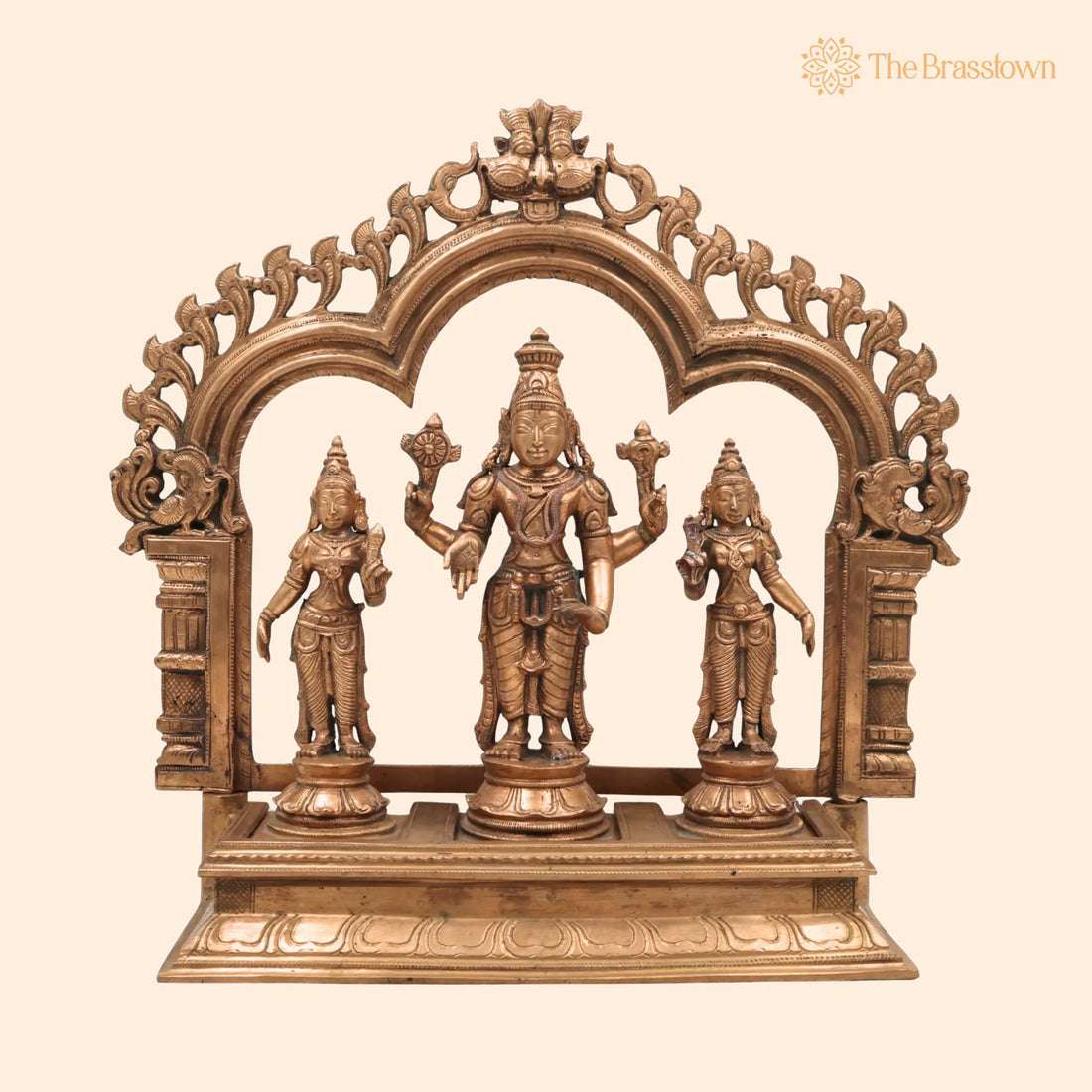 Handcrafted Panchaloha Bronze Vishnu Lakshmi Bhudevi Idol – with Prabhavali &amp; Peetam for Puja, Home Mandir &amp; Décor 14 Inch 1