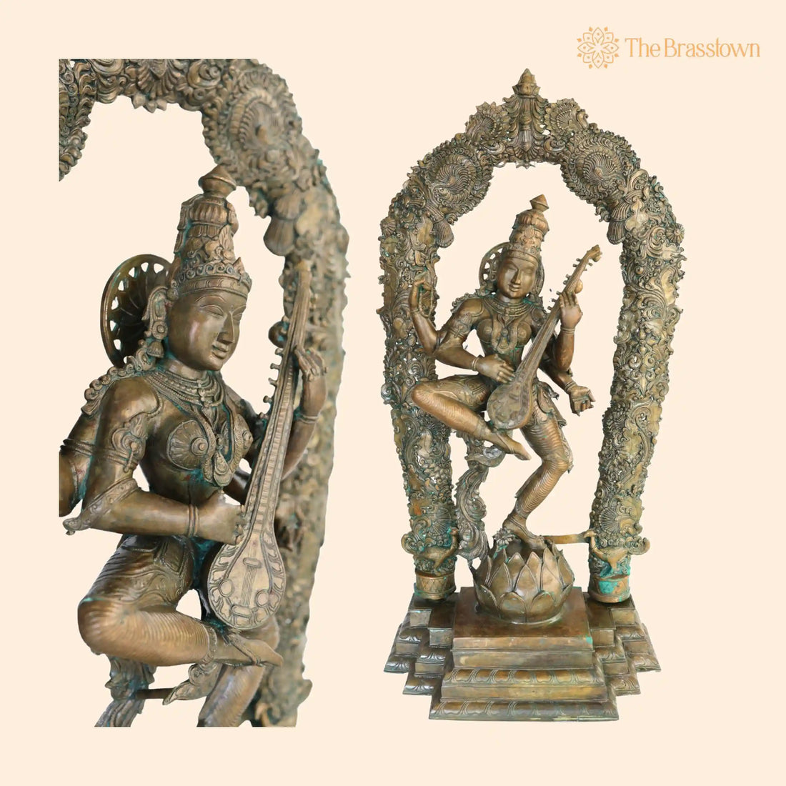 Handcrafted Large Bronze Panchaloha Saraswati Idol – Sharada Vagdevi Murti for Temple, Home &amp; Office Décor 42.5 Inch 1