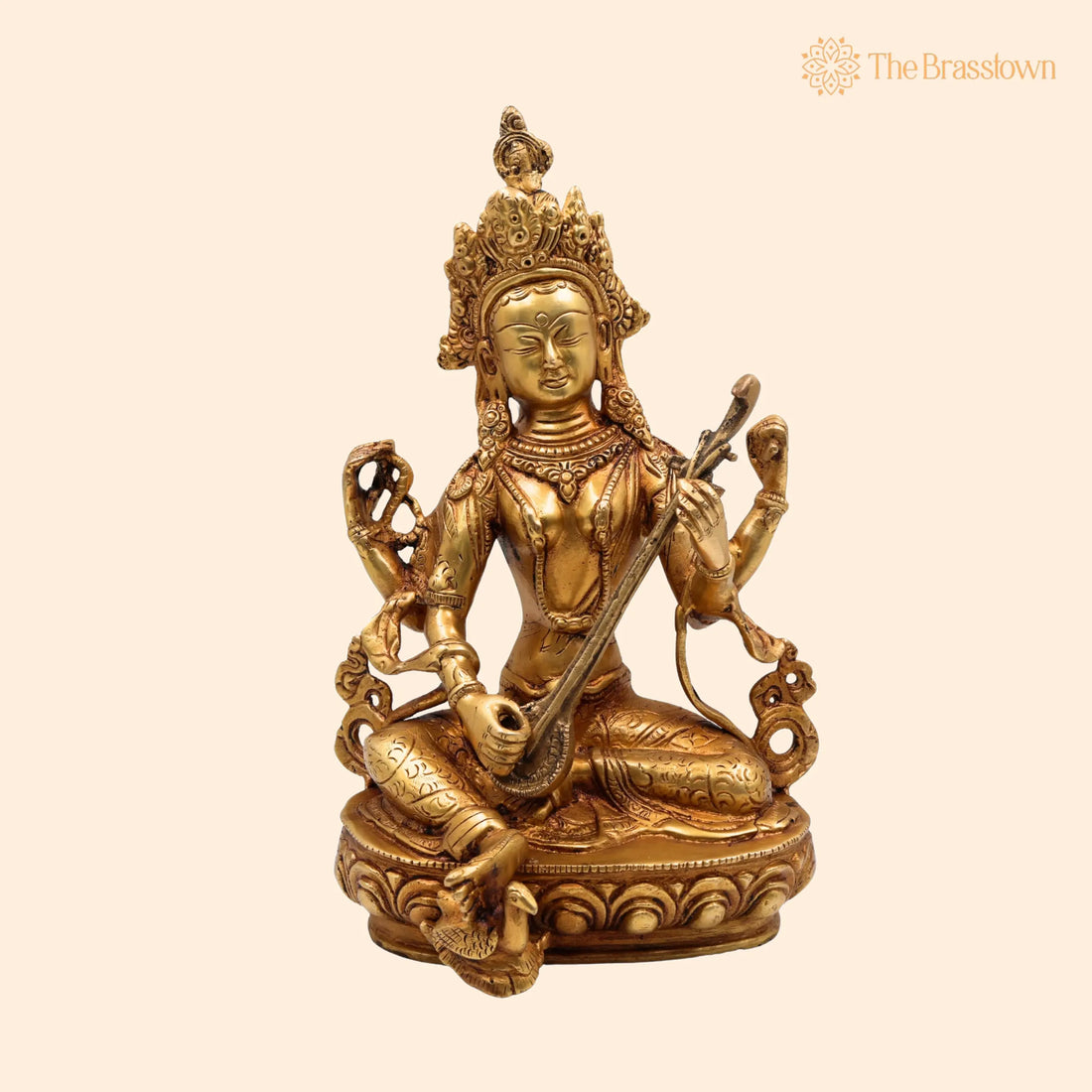 Tibetan Styled Brass Saraswati Idol – Handcrafted Mahasaraswati Murti, Vagdevi Pratima for Puja &amp; Home Décor 12.5 Inch 1