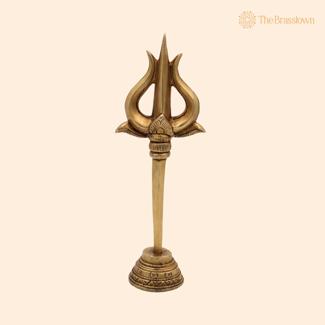 Brass Trishul with Stand – Handcrafted Trishool Trident Figurine for Pooja, Mandir, Puja Room, Home Décor, Temple, and Gifting 8.5 Inch 1