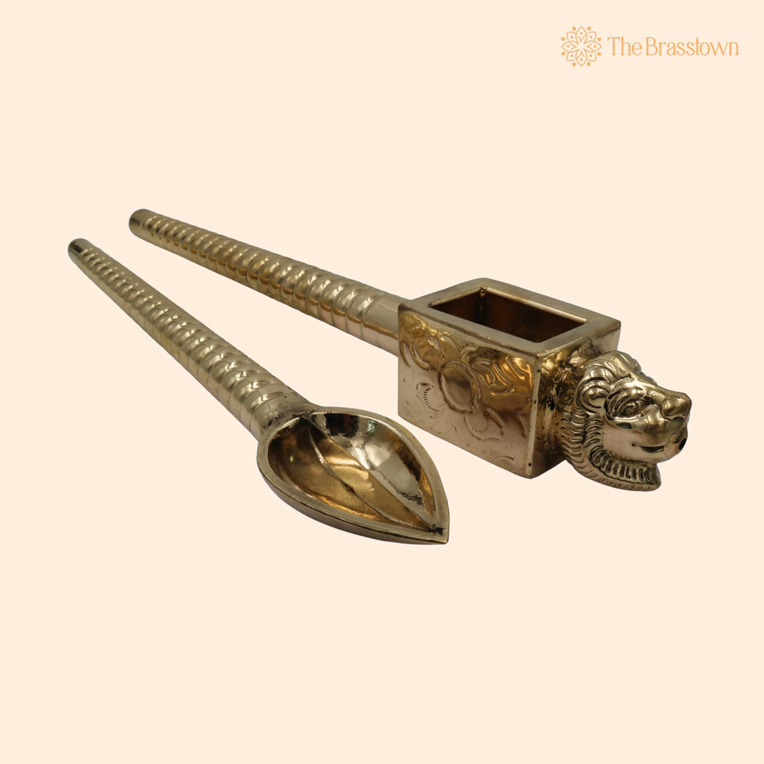 Brass Lion Head Homa Spoon – Handcrafted Set For Vedic Sacrifices Yajna, Achamani Spoons For Havan 18.5 Inch 1