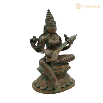 Bronze Panchadhatu Saraswati Murti – Handcrafted Saraswati Statue for Home, Temple &amp; Pooja Décor 9 Inch 3