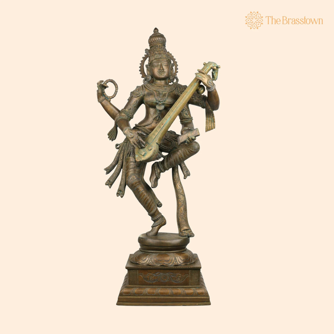 Bronze Panchadhatu Saraswati Idol – Handcrafted Bronze Vidya Devi Statue, Sarasvati Murti, Saraswathi Sculpture for Home, Temple 33 Inch 1