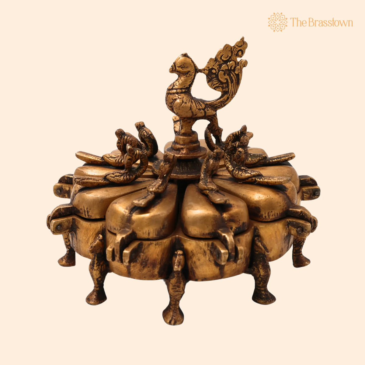 Brass Decorative Boxes – Handcrafted Box, Multipurpose Boxes, Sindoor Boxes, Sindhur Box, Antique, Box With Peacock Opener 5 Inch 1
