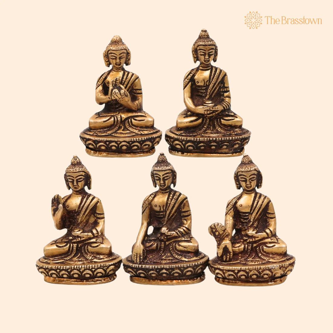 Brass Five Dhyani Buddhas Idol – Handcrafted Vairocana, Akshobhya, Ratnasambhava, Amitabha &amp; Amoghasiddhi Murti, Buddhist Statue, Vigraha 3 Inch 1