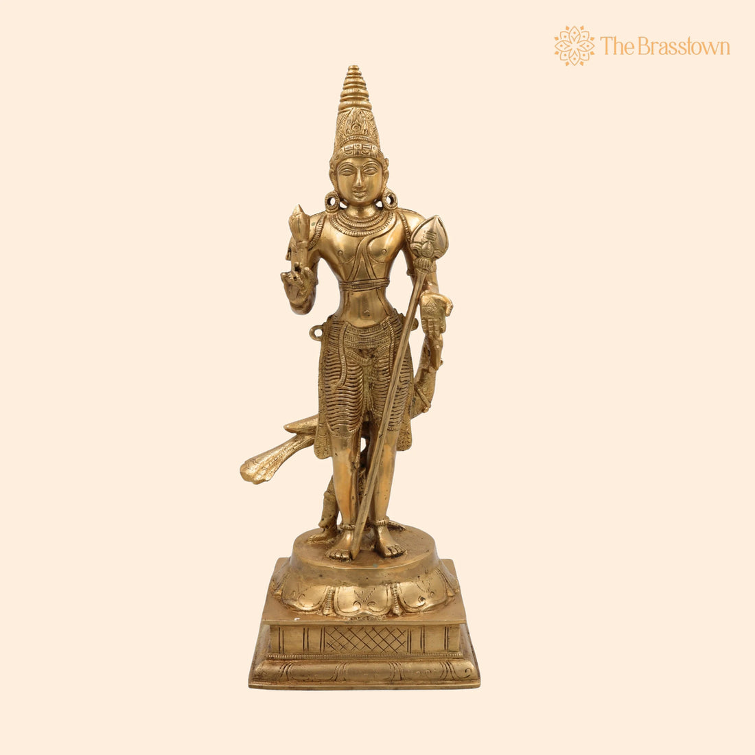 Brass Lord Murugan Idol – Handcrafted Karthikeya, Skanda, Subramanya, Vel Murugan Statue for Home Temple &amp; Pooja Décor 15.5 Inch 1