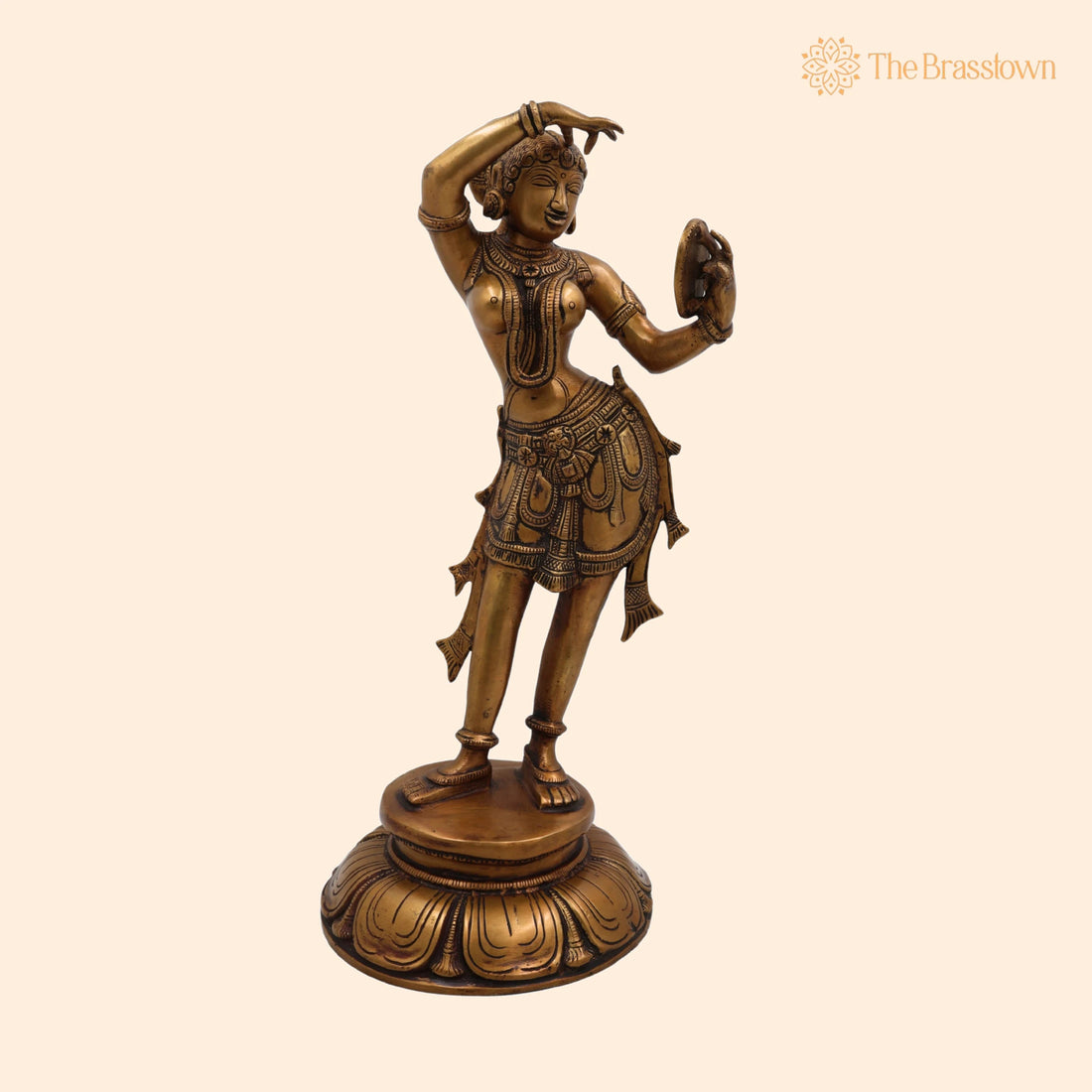Brass Apsara Mirror Lady Idol – Handcrafted Shringarika Darpana Sundari Moorthi, Bharatanatyam Celestial Nymph Statue for Home, Pooja &amp; Décor 13.5 Inch 1