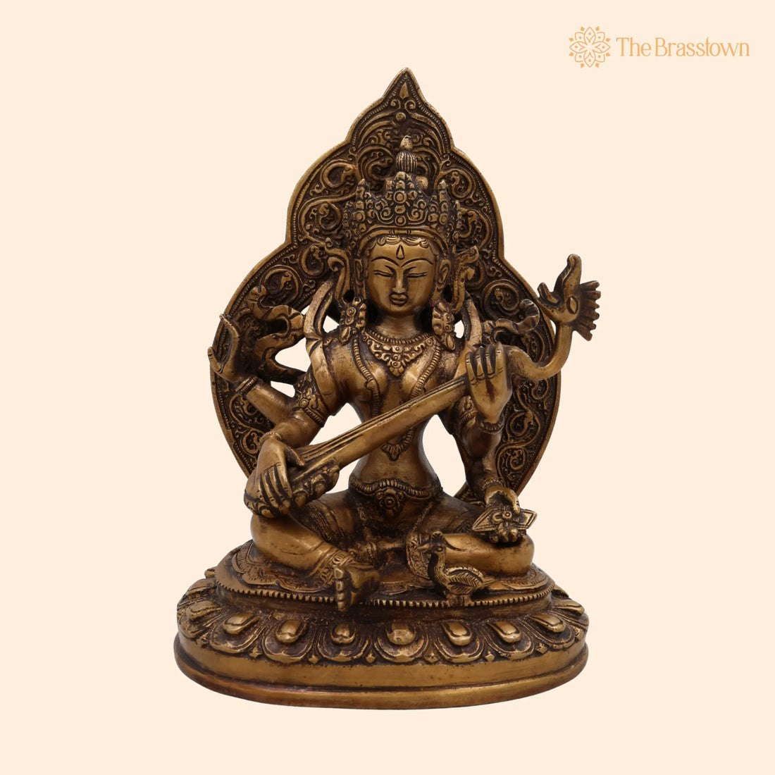 Brass Saraswati Idol for Home Temple – Handcrafted Veena Vadini Sharada Vagdevi Murti, Pital Mahasaraswati Statue for Pooja, Study &amp; Gifting 9 Inch 1