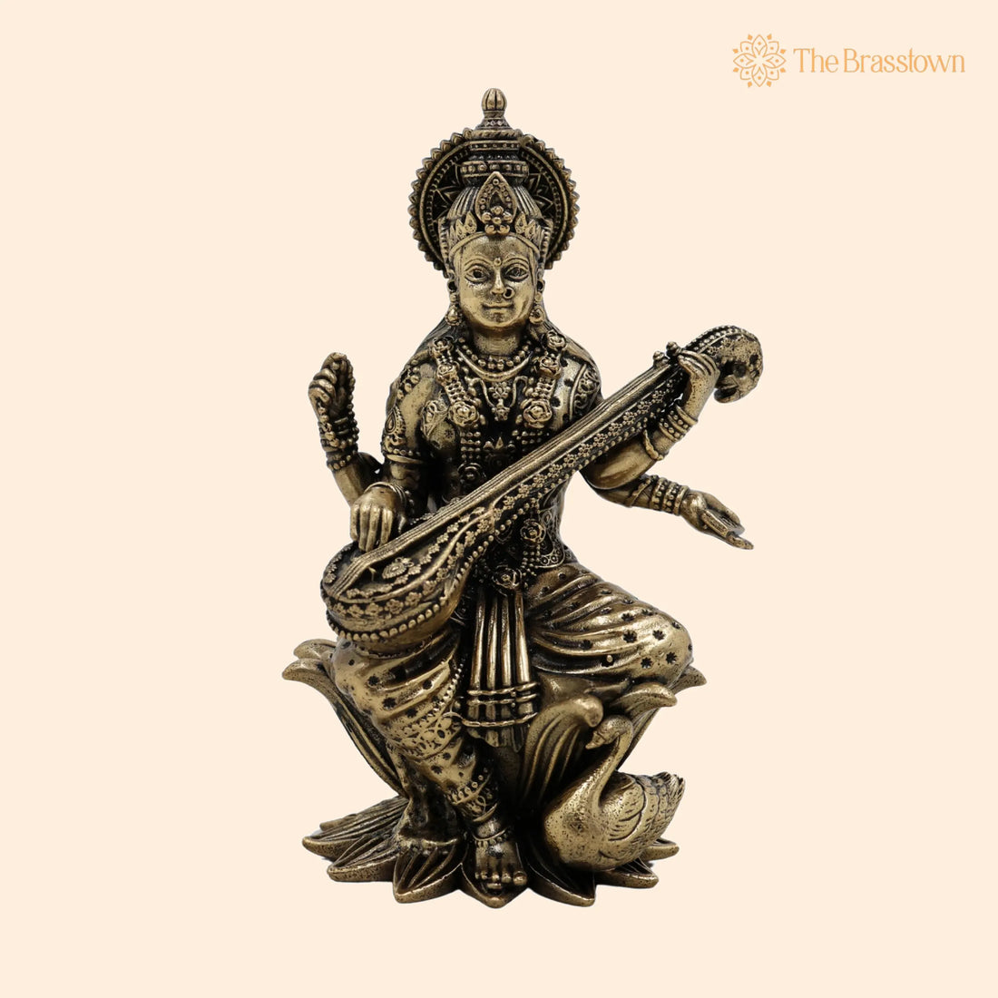 Brass Saraswati Idol – Handcrafted Maa Saraswati Murti, Sharada Statue, Vagdevi Sculpture, Goddess of Knowledge, Wisdom &amp; Arts for Home Temple 4.5 Inch 1