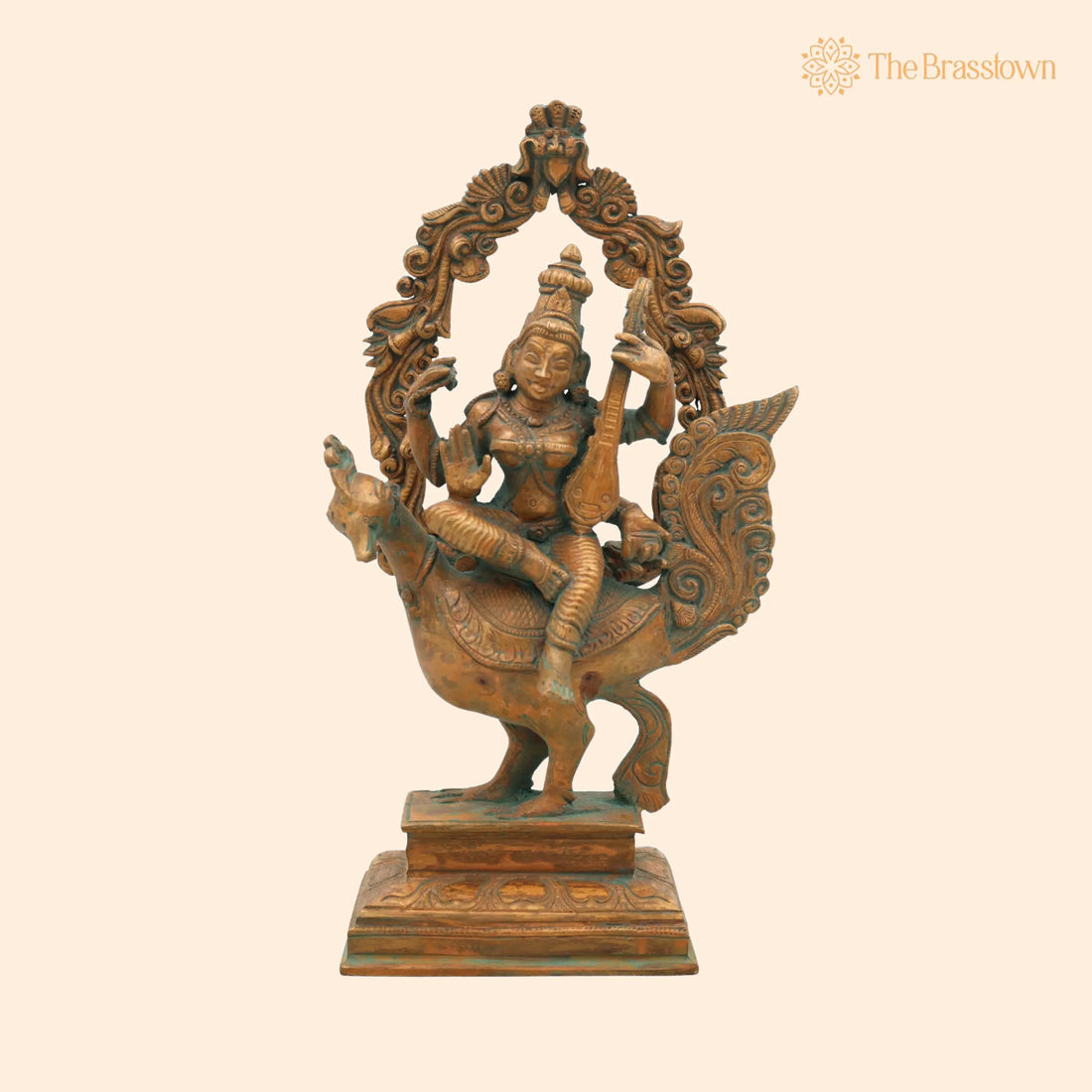 Bronze Panchaloha Saraswati Idol – Handcrafted Chola Art Goddess Saraswathi Sitting On Peacock Statue, Divine Veena Murti For Home 10 Inch 1
