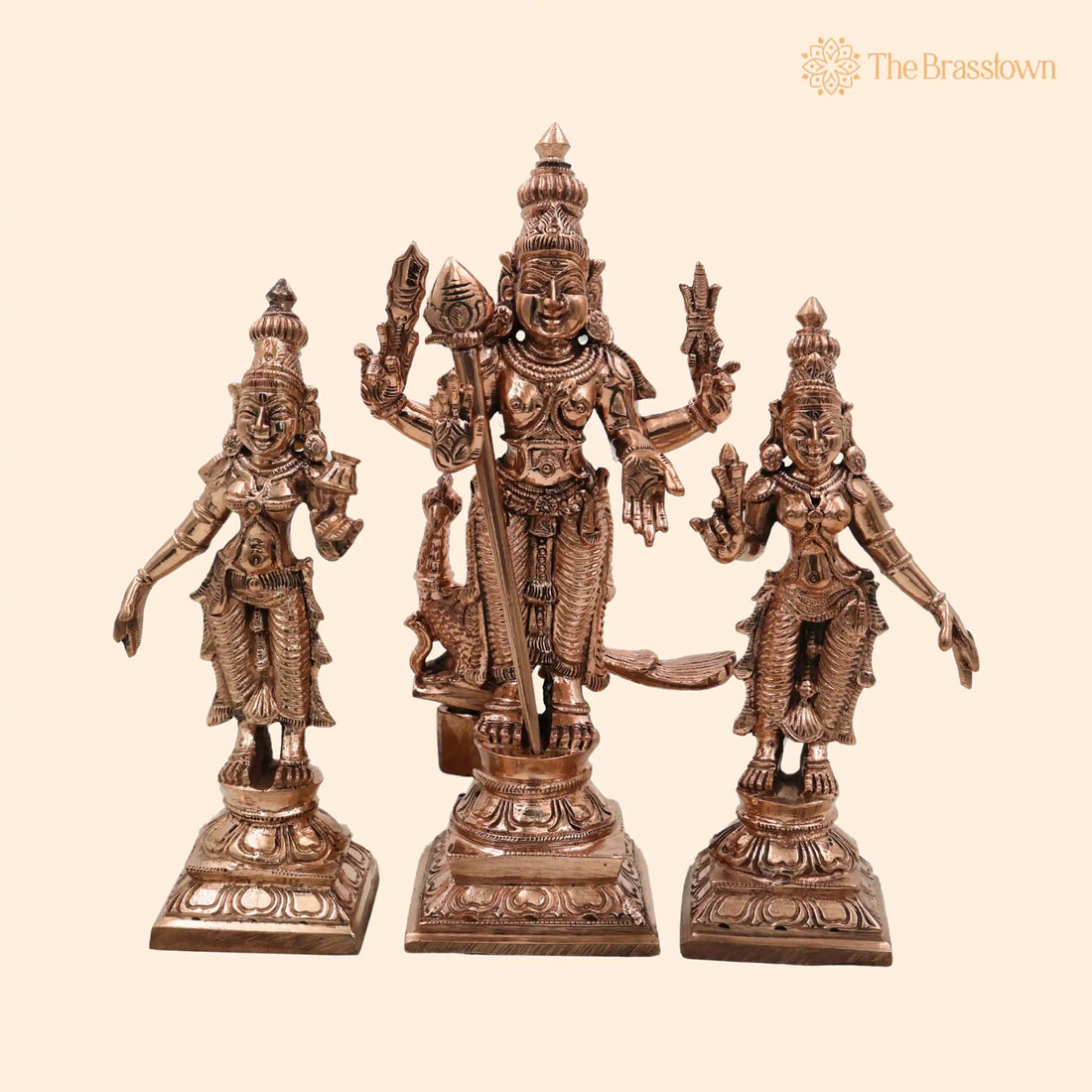 Bronze Panchaloha Murugan Idol with Devasena &amp; Valli – Handcrafted Lord Bronze Panchaloha Murugan IdolVel Murugan Statue 6.5 Inch 1