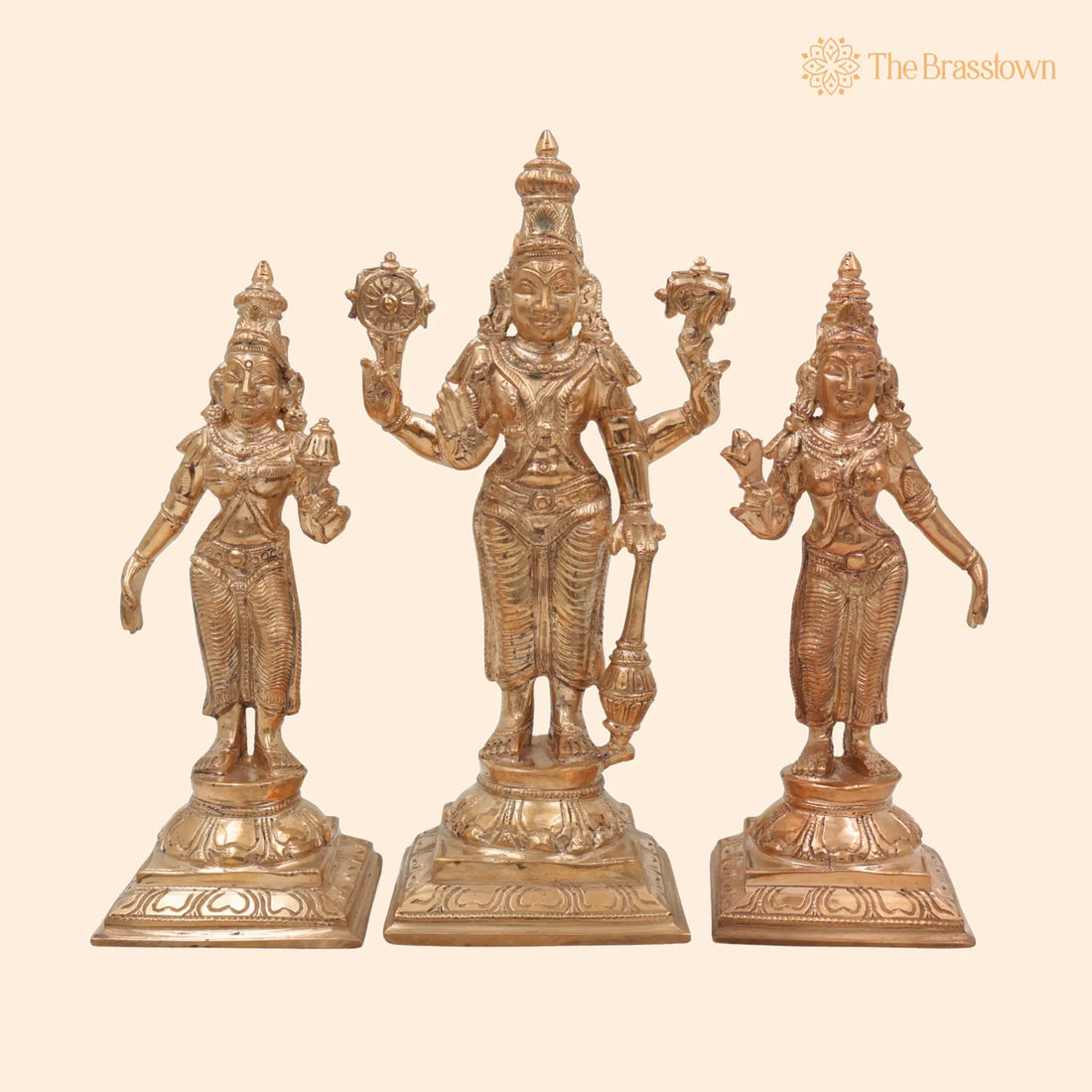 Panchaloha Vishnu Sri Devi Bhu Devi Idol – Handmade Chola Style Vishnu Lakshmi Bhoomi Murti for Home Temple Pooja 7.5 Inch 1