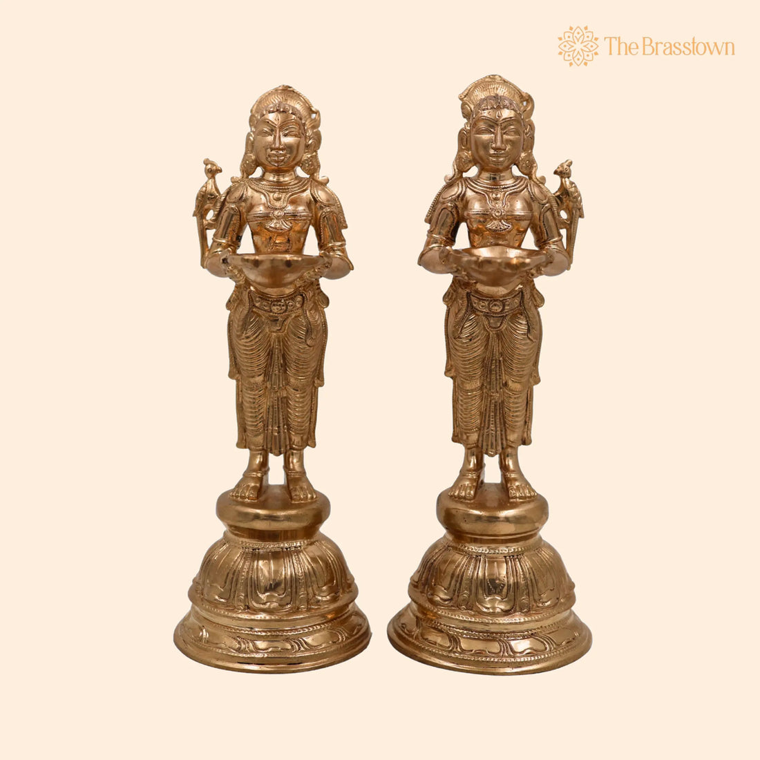 Premium Bronze Panchaloha deepa Lakshmi Idol Set of 2 – Handcrafted Deep Lakshmi Sculptures for Puja, Home Mandir &amp; Décor 11 Inch 1