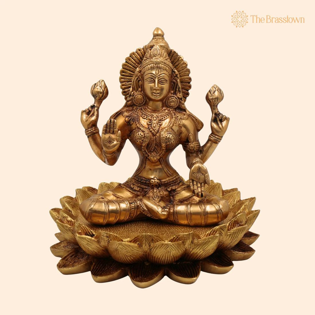 Brass Lakshmi on Lotus Idol – Handcrafted Shri Maha Lakshmi Maa Murti, Padma Lakshmi Statue, Mahalakshmi Figurine for Puja, Home Décor &amp; Gifts 10 Inch 1