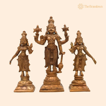 Bronze Vishnu with Sri Devi &amp; Bhu Devi Idol – Set, Handcrafted Narayana, Temple &amp; Home Décor 6.5 Inch 1