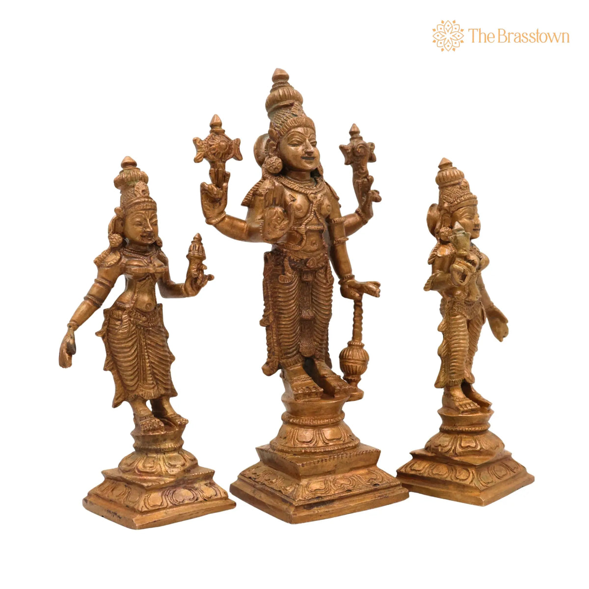 Bronze Vishnu with Sri Devi &amp; Bhu Devi Idol – Set, Handcrafted Narayana, Temple &amp; Home Décor 6.5 Inch 2