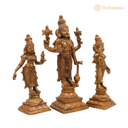 Bronze Vishnu with Sri Devi &amp; Bhu Devi Idol – Set, Handcrafted Narayana, Temple &amp; Home Décor 6.5 Inch 2