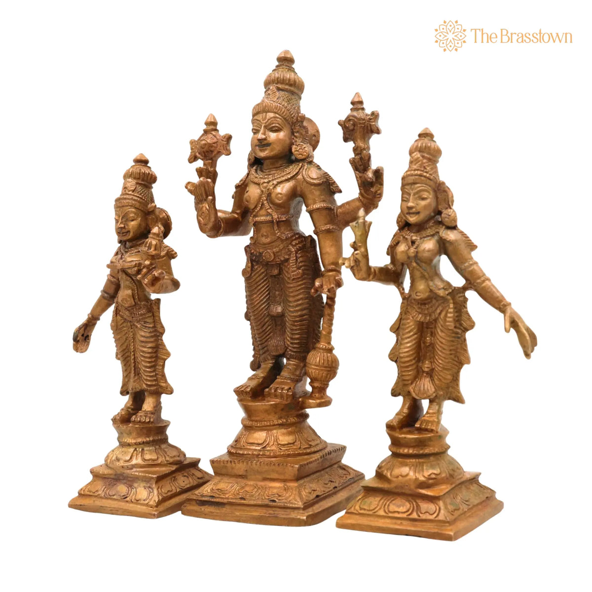 Bronze Vishnu with Sri Devi &amp; Bhu Devi Idol – Set, Handcrafted Narayana, Temple &amp; Home Décor 6.5 Inch 3