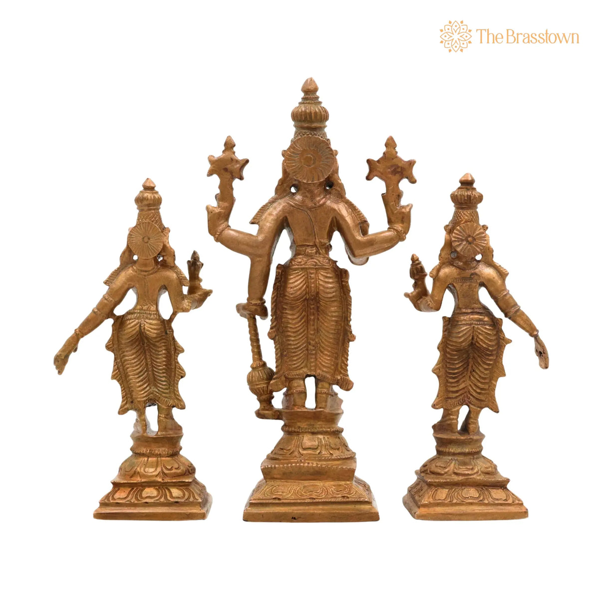 Bronze Vishnu with Sri Devi &amp; Bhu Devi Idol – Set, Handcrafted Narayana, Temple &amp; Home Décor 6.5 Inch 4