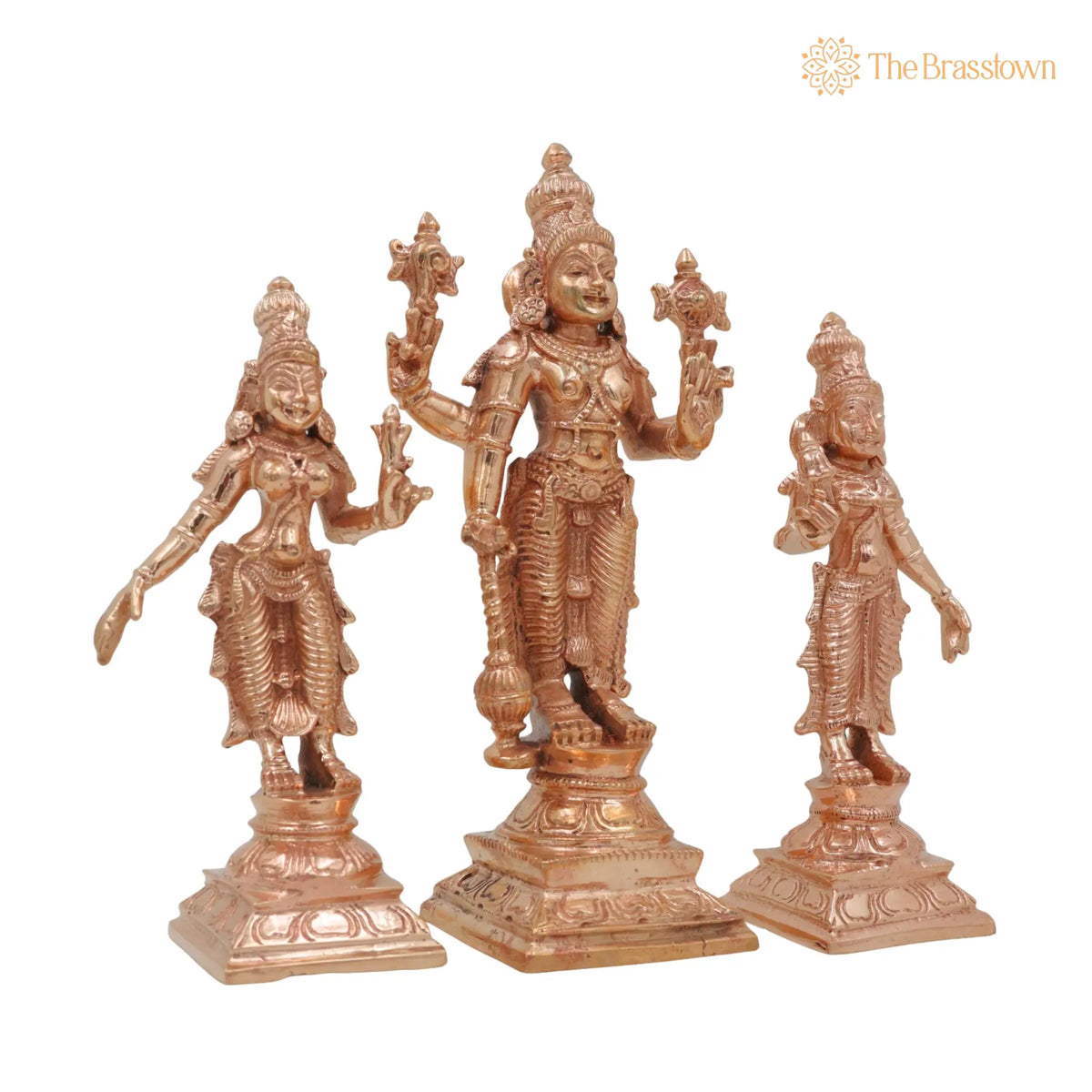 Bronze Vishnu with Sri Devi &amp; Bhu Devi Idol – Handcrafted Murti for Pooja, Temple &amp; Home Décor Set 6.5 Inch 2