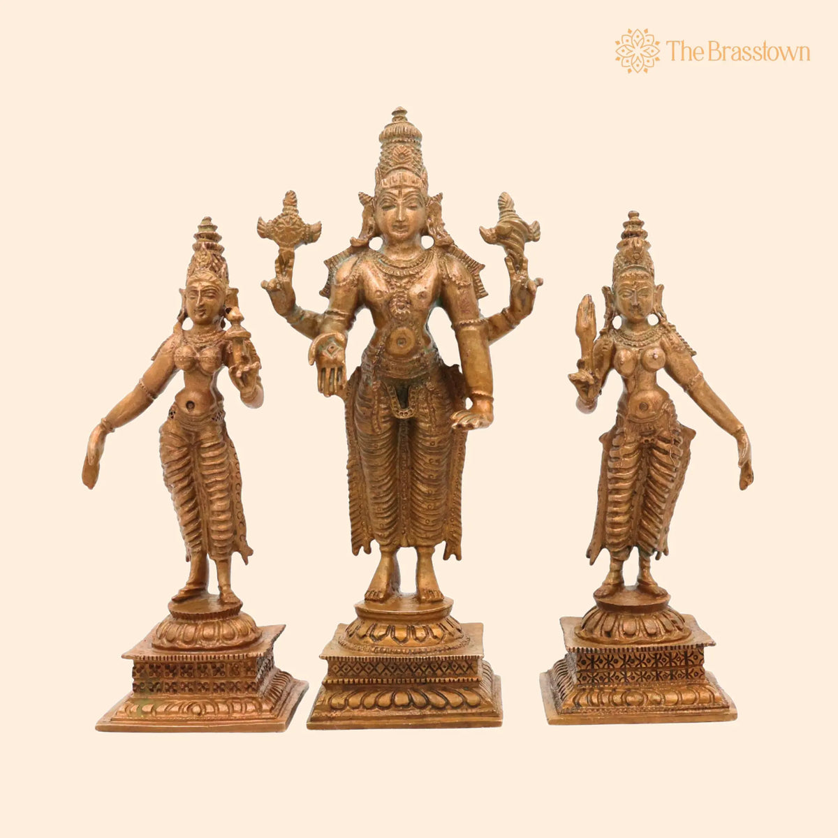 Bronze Vishnu with Sri Devi &amp; Bhu Devi Idol – Handcrafted Murti Set for Pooja, Temple &amp; Home Décor 6 Inch 1